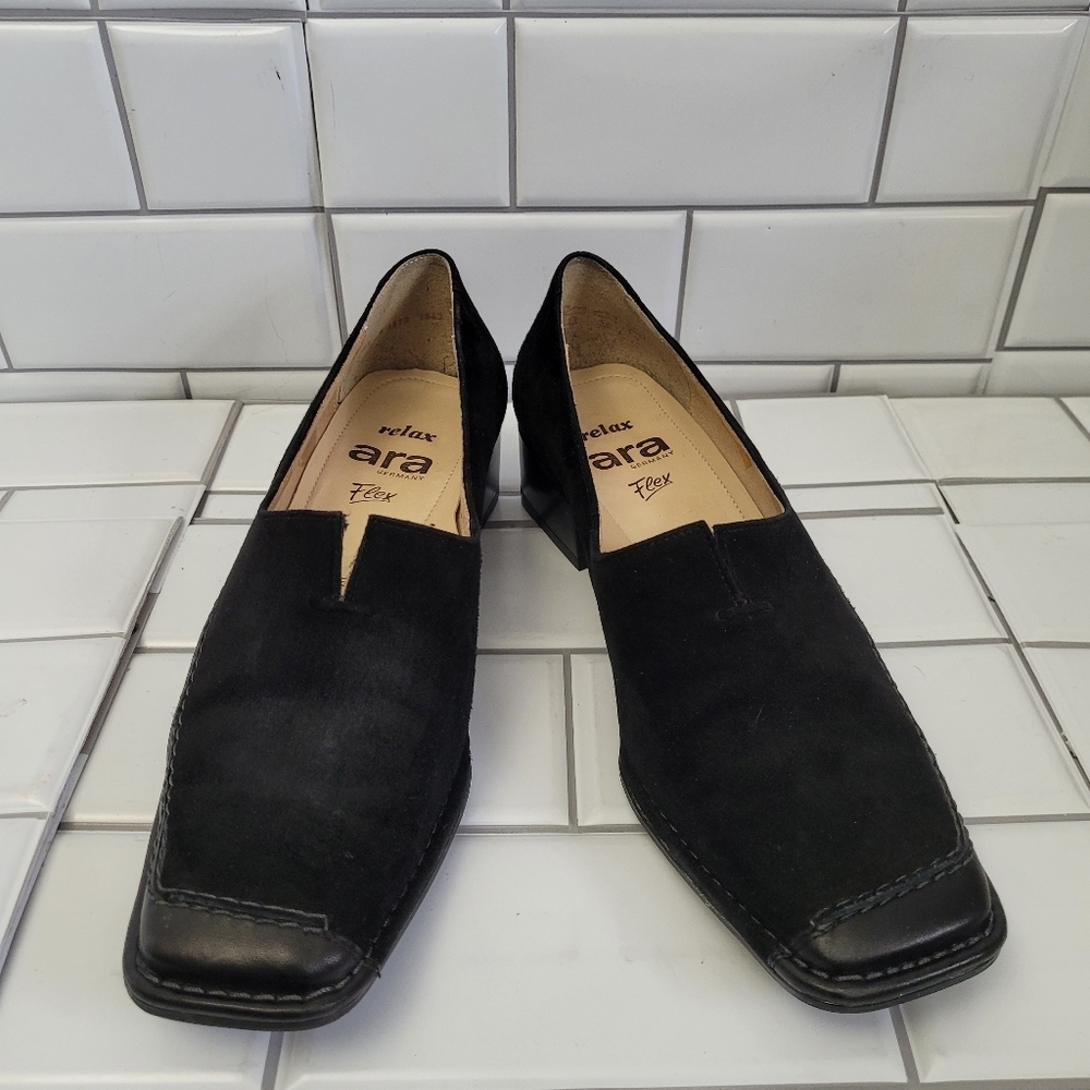 ARA GERMANY FLEX Echt Leder Women’s Black Leather Suede Block Heel LoafersSize